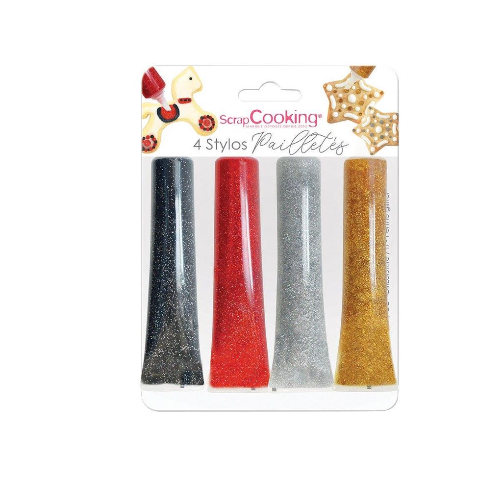 4 stylos déco pailletés noir, rouge, argenté et doré - Visuel 0