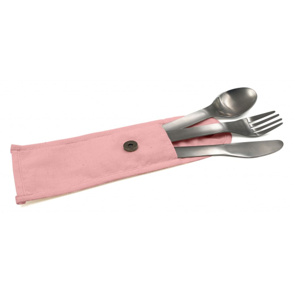 Couverts nomades Cookut Nabu en inox + pochette en coton rose - Visuel 0