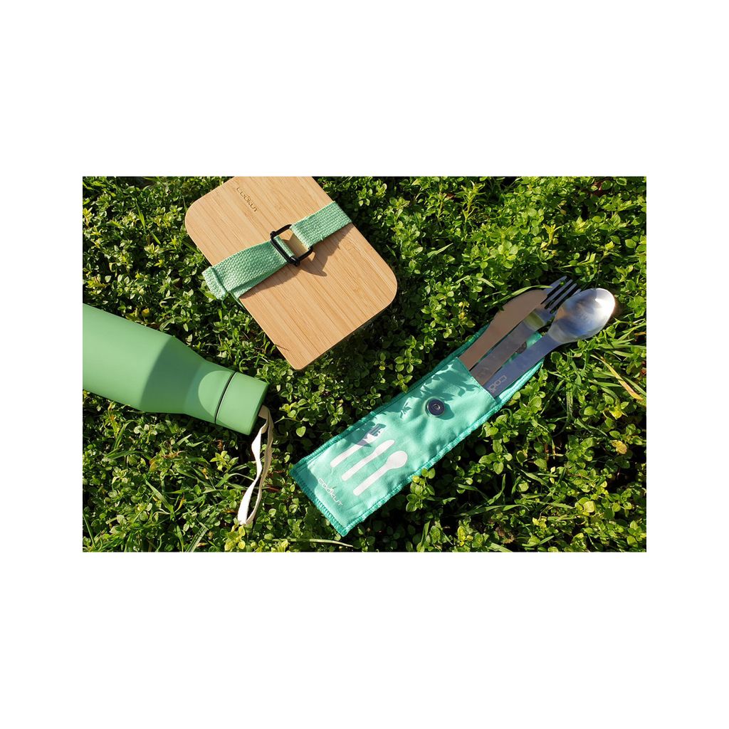 Couverts nomades Cookut Nabu en inox + pochette en coton verte - Visuel 1