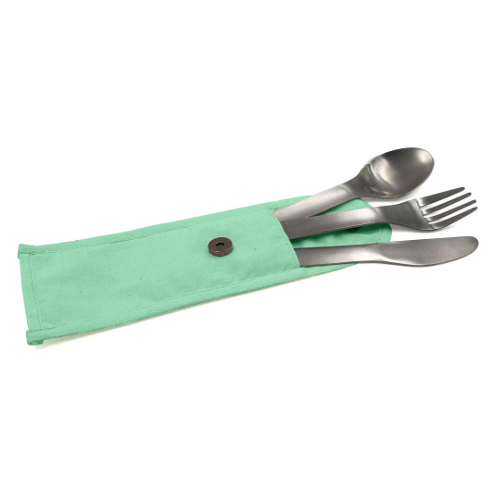 Couverts nomades Cookut Nabu en inox + pochette en coton verte - Visuel 0