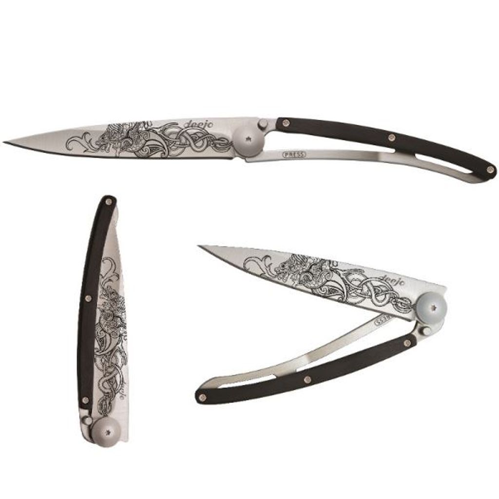 Couteau de Poche Pliant 37g avec Clip Ceinture Titane, Ebène, Dragon viking - Visuel 0