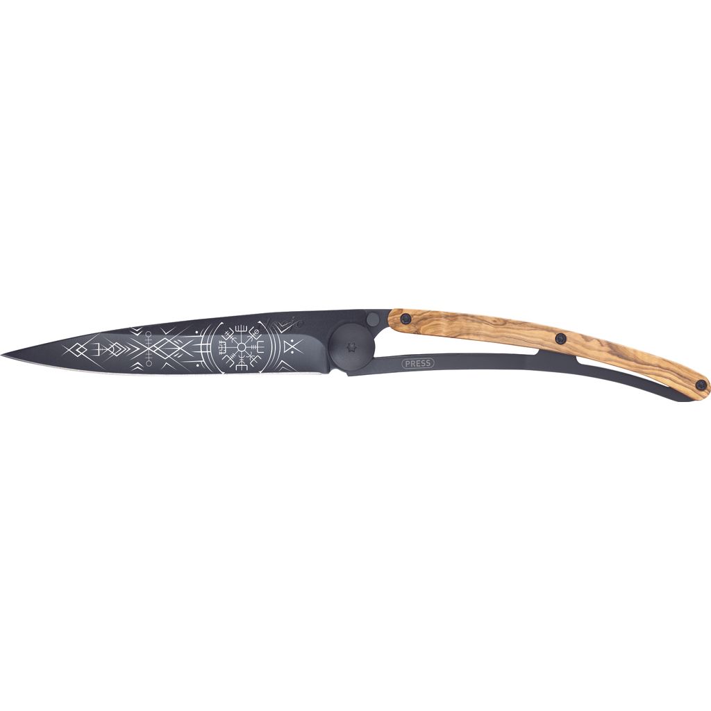 Couteau de poche tatoué bois lame noire viking - Visuel 0