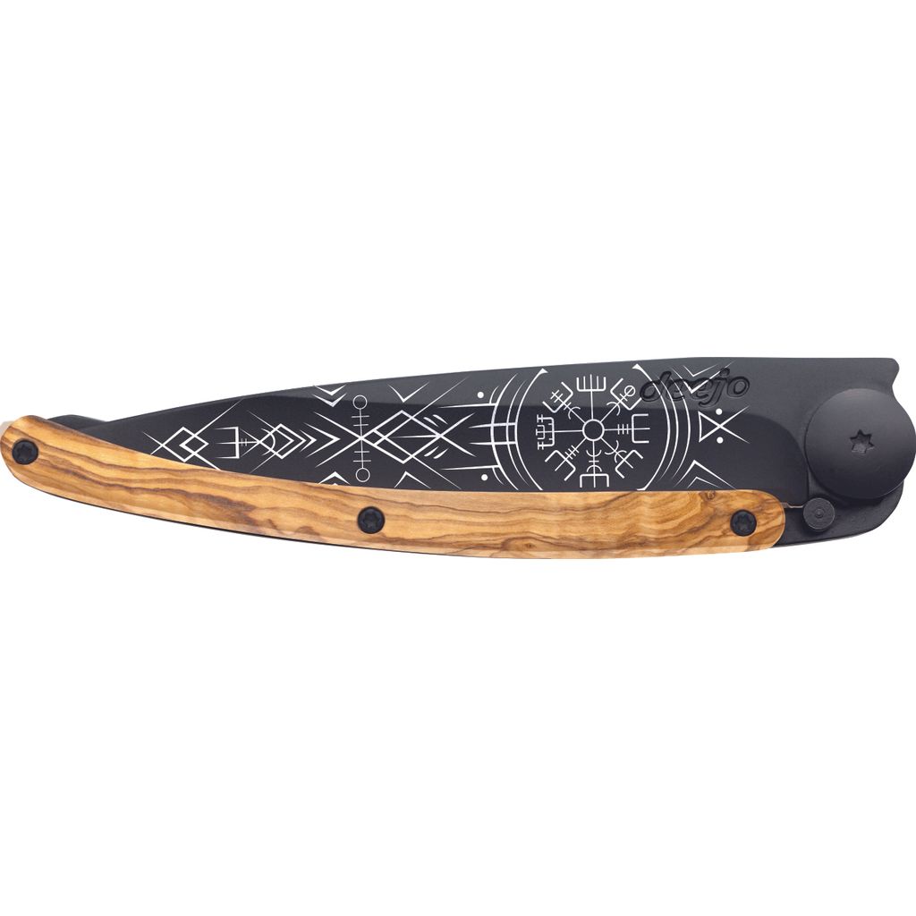 Couteau de poche tatoué bois lame noire viking - Visuel 1