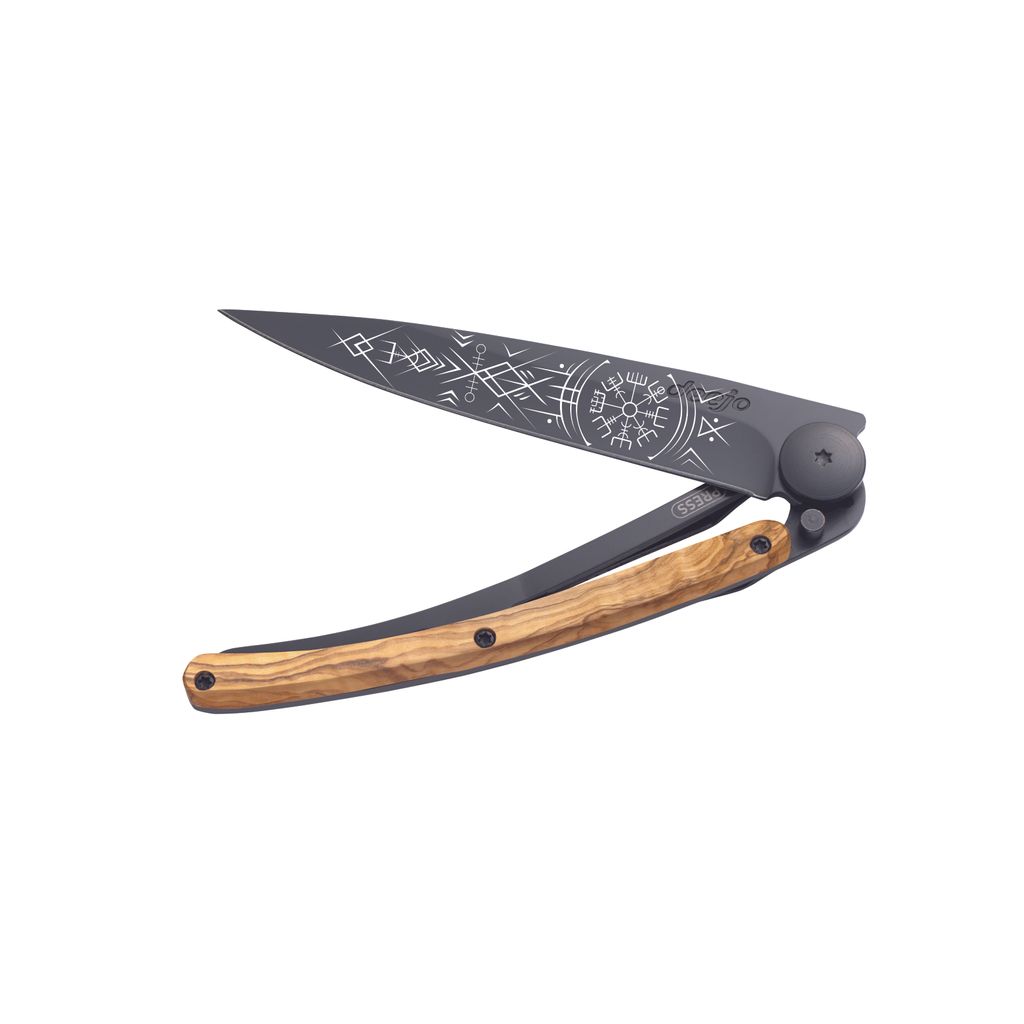 Couteau de poche tatoué bois lame noire viking - Visuel 2