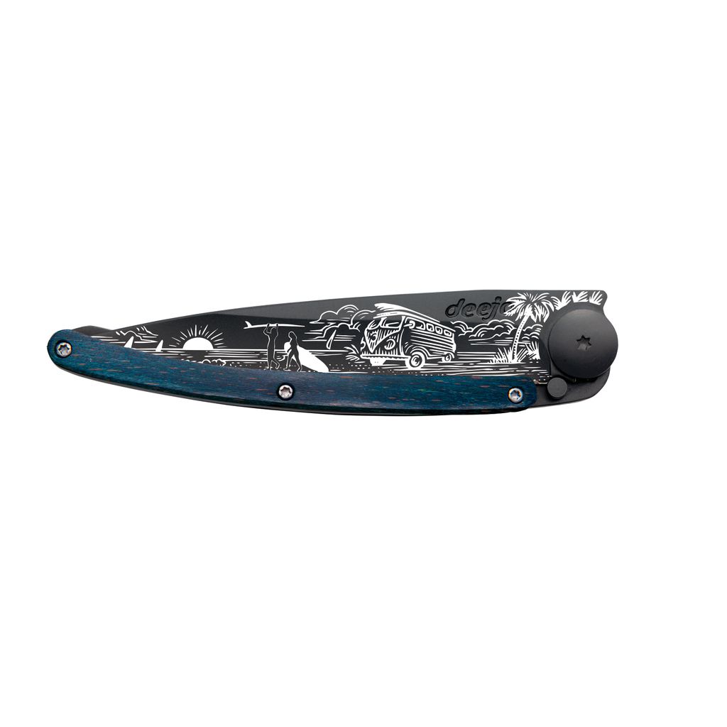 Couteau de poche tatoué bois bleu van life - Visuel 1