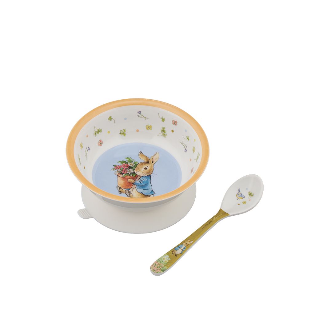 Bol ventouse avec cuillère pierre lapin abricot 160 ml - Visuel 0