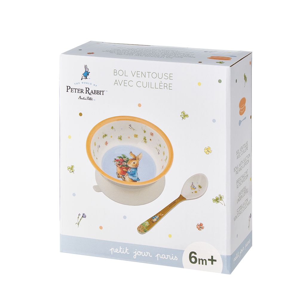 Bol ventouse avec cuillère pierre lapin abricot 160 ml - Visuel 1