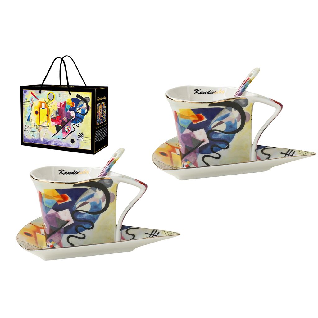 COFFRET 2 TASSES TRIANGLE 180ML + SOUS TASSE + CUILLERES KANDINSKY JAUNE-ROUGE-BLEU - Visuel 0