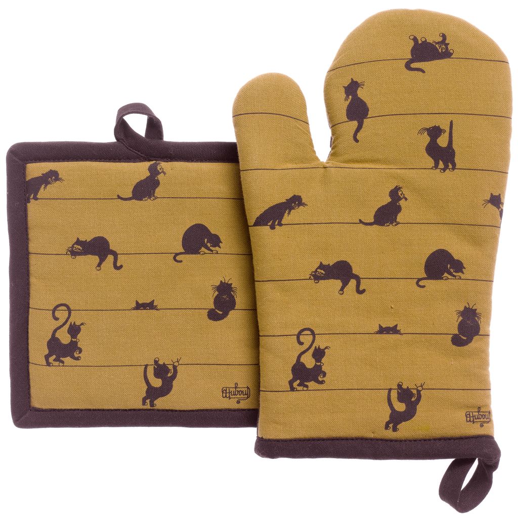 Lot gant de cuisine/manique Dubout Partition de chats Cannelle 18 x 28 - Visuel 0
