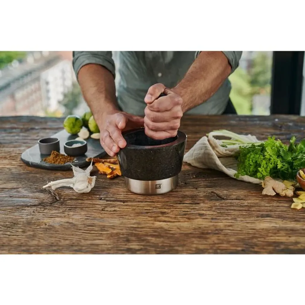 Mortier avec pilon granit noir massif - Visuel 5