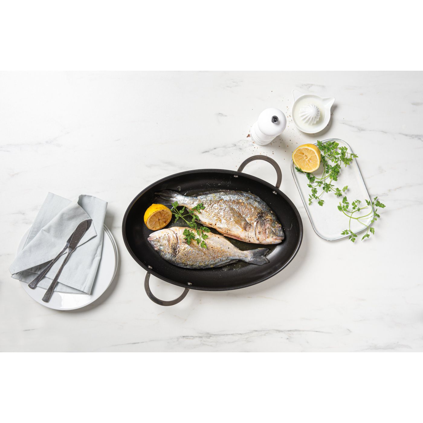 Poêle à poisson revêtue