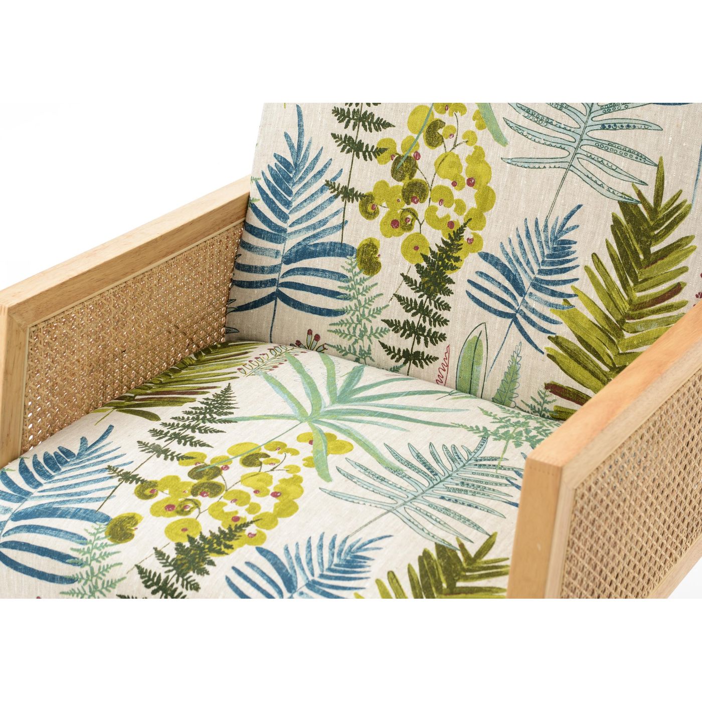Fauteuil canage lin et motif feuilles