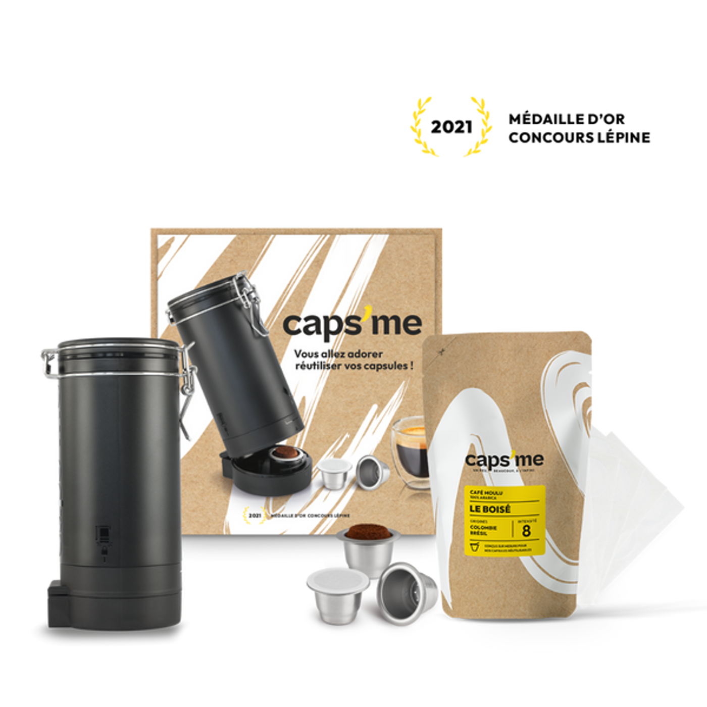 Coffret Caps Me shaker + 3 capsules réutilisables + 48 opercules + 200g ...