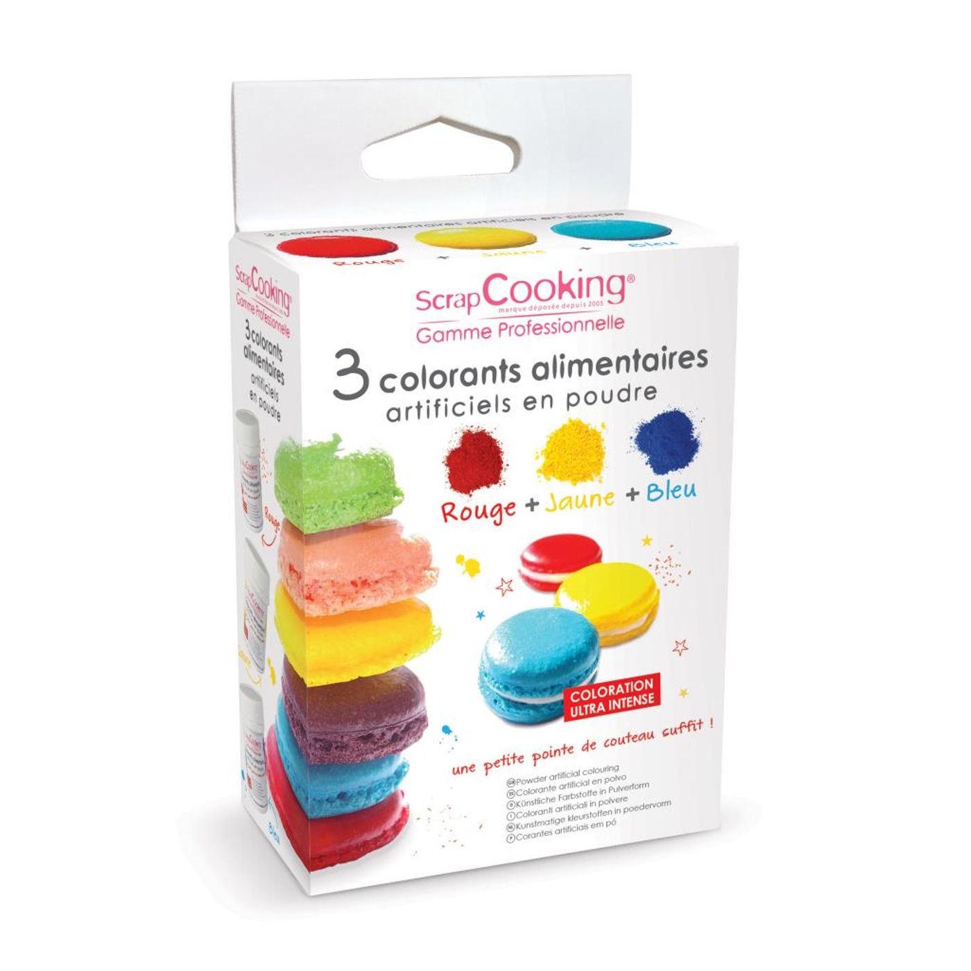 3 colorants alimentaires en poudre jaune, rouge, bleu
