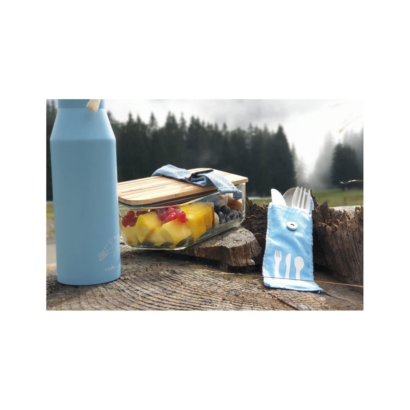 Couverts nomades Cookut Nabu en inox + pochette en coton bleue