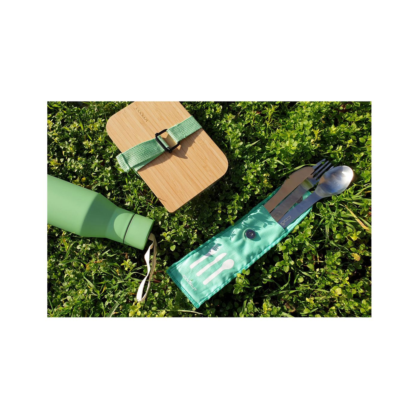 Couverts nomades Cookut Nabu en inox + pochette en coton verte