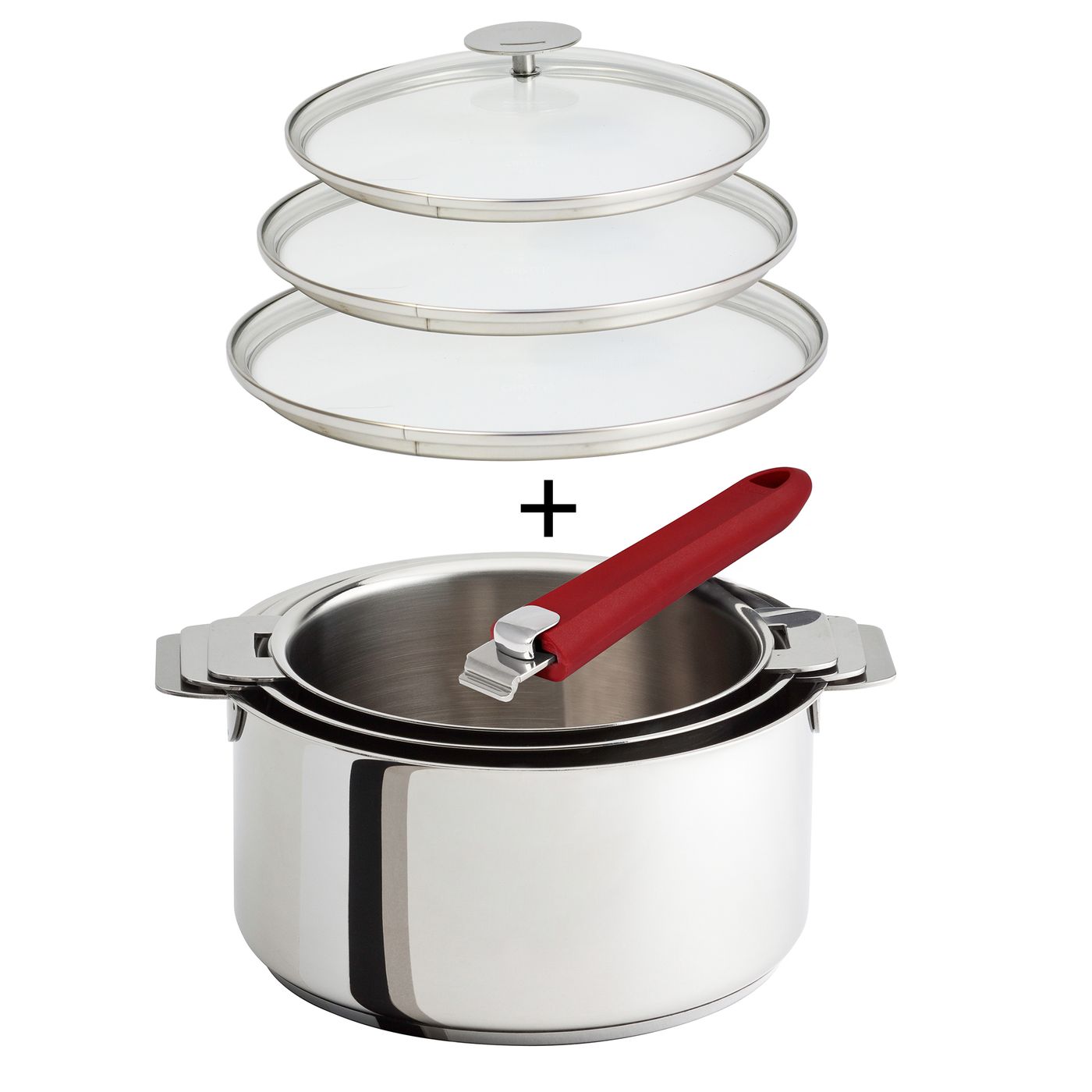 Série de 3 casseroles Mutine + poignée framboise + couvercles