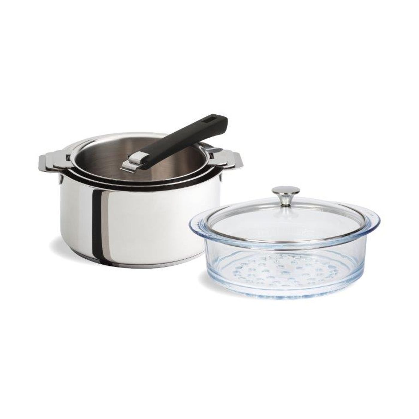 Série de 3 casseroles amovibles mutine + poignée noire et cuit-vapeur en verre