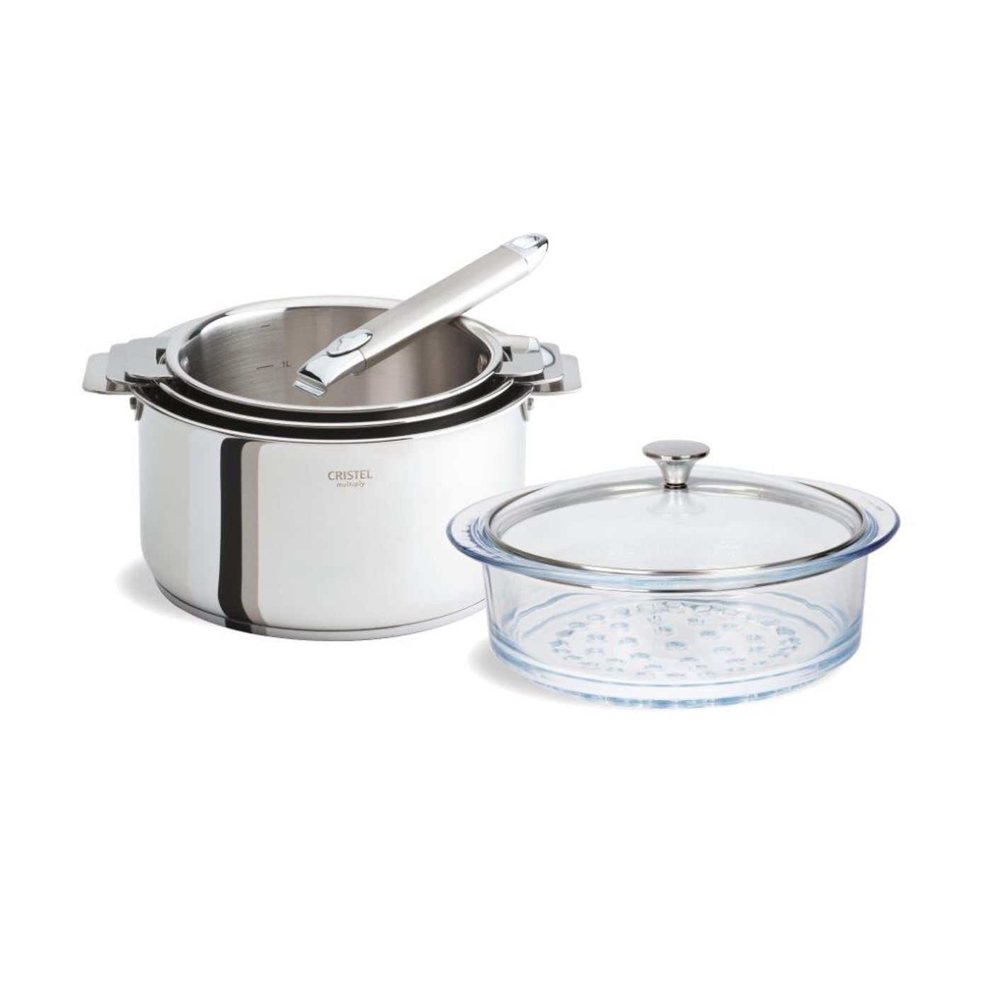 3 casseroles amovibles Casteline + poignée Zenith + cuit-vapeur en verre