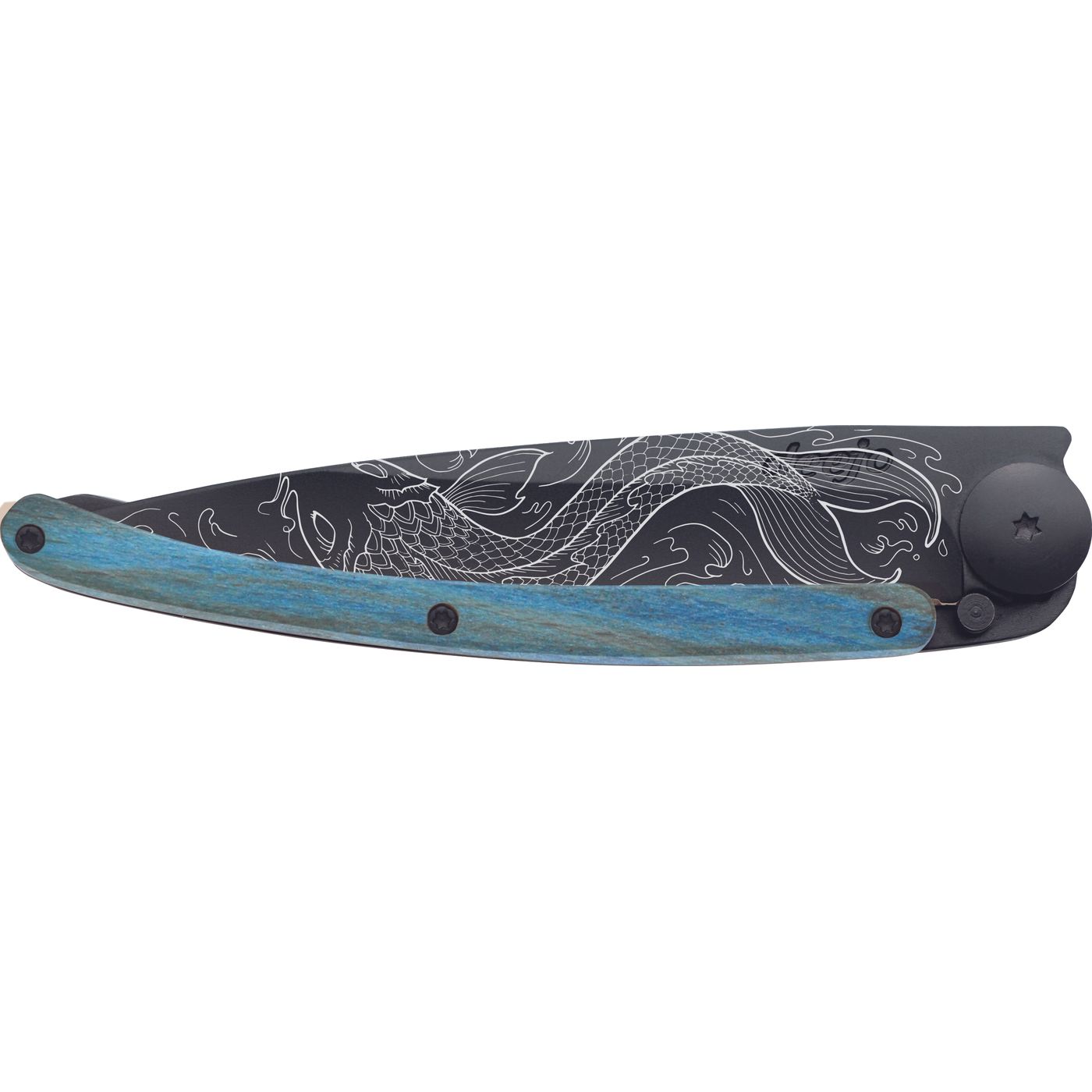 Couteau de poche tatoué hêtre bleu POISSON