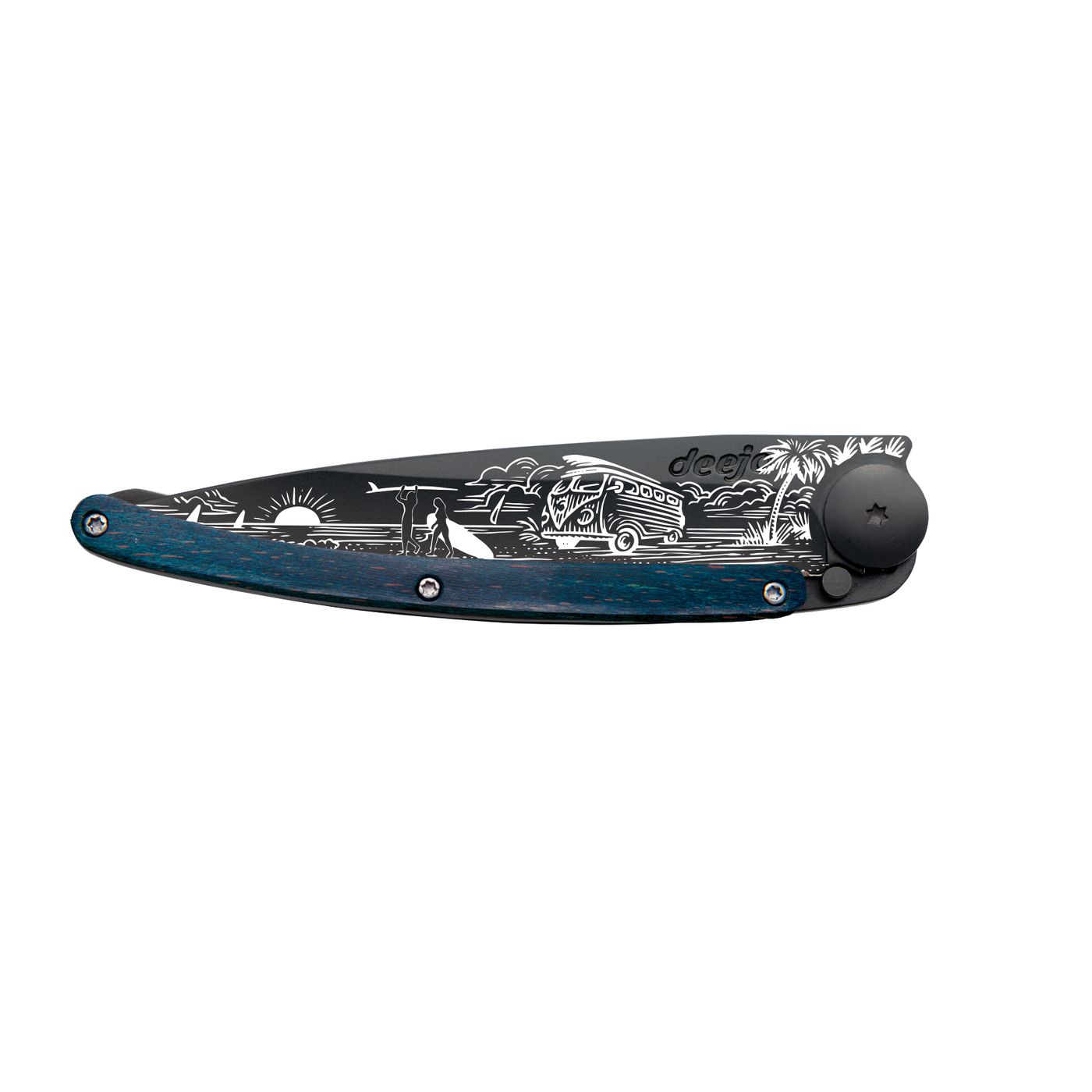 Couteau de poche tatoué bois bleu van life