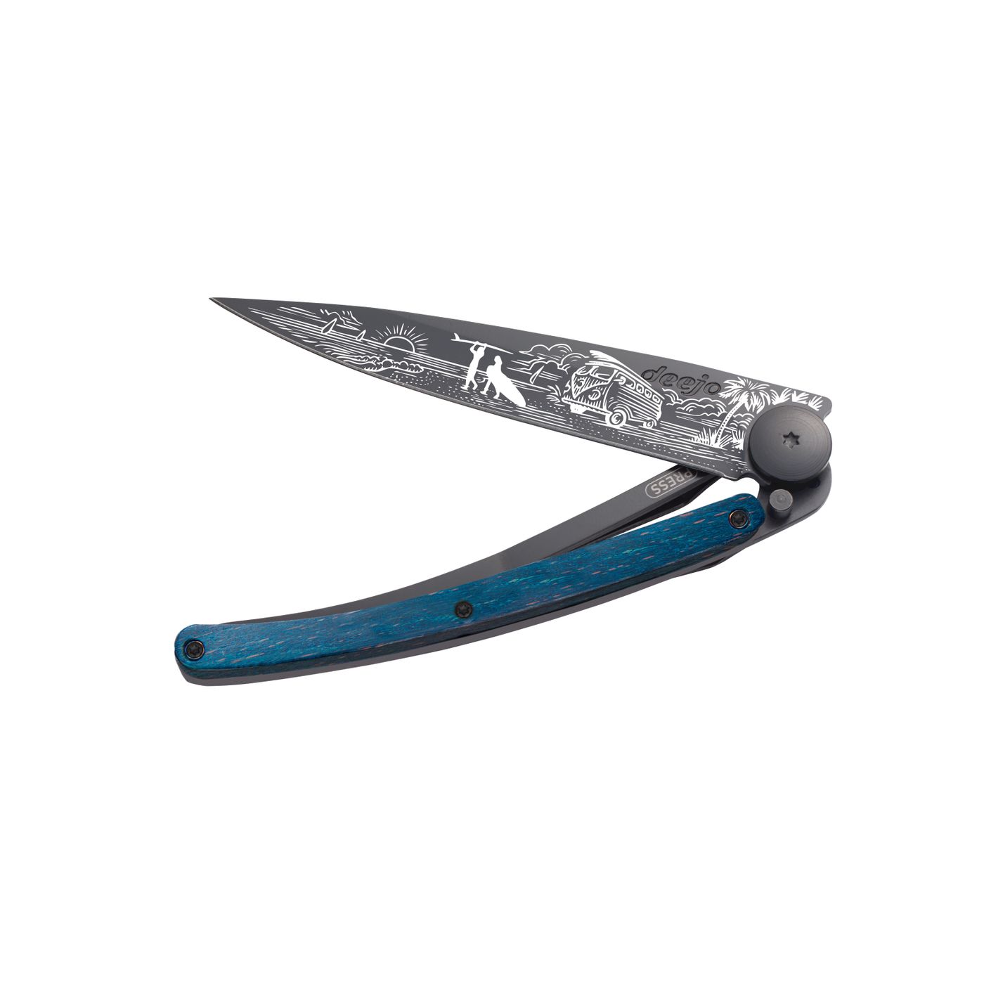 Couteau de poche tatoué bois bleu van life