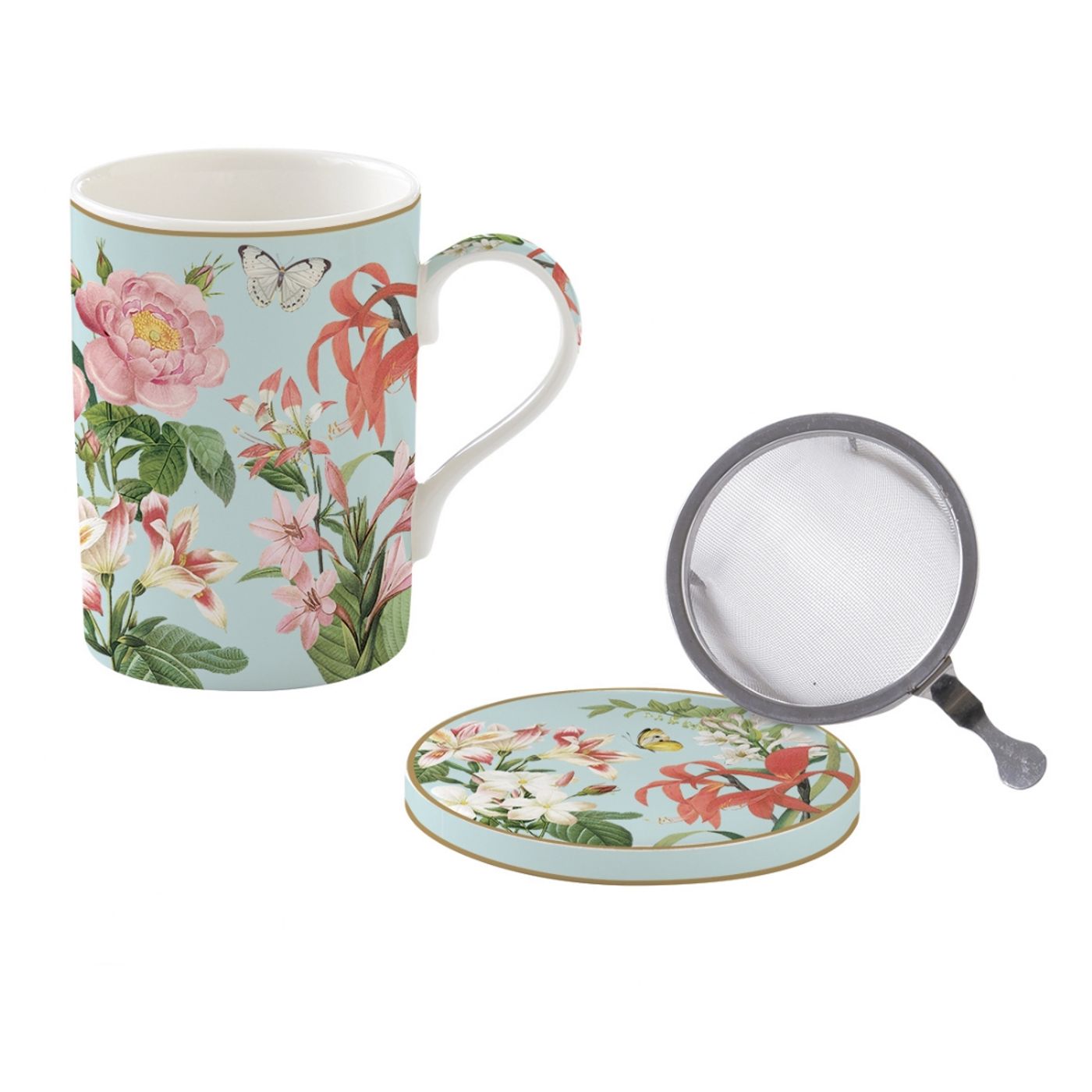Mug Tisanière 3 Pièces Céramique Décor Floral - Hauteur 9 Cm, Diamètre 9,5 Cm | Occasion, Fabriqué En France