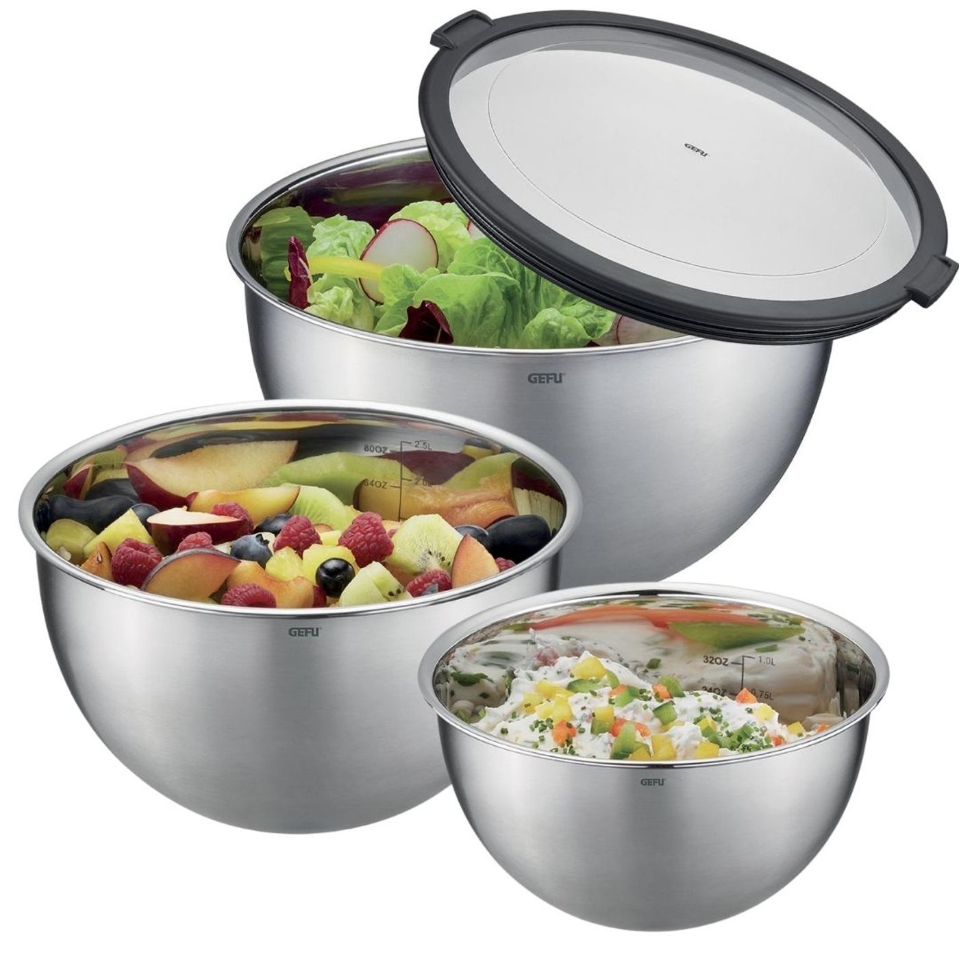 Lot de 3 bols inox avec couvercle