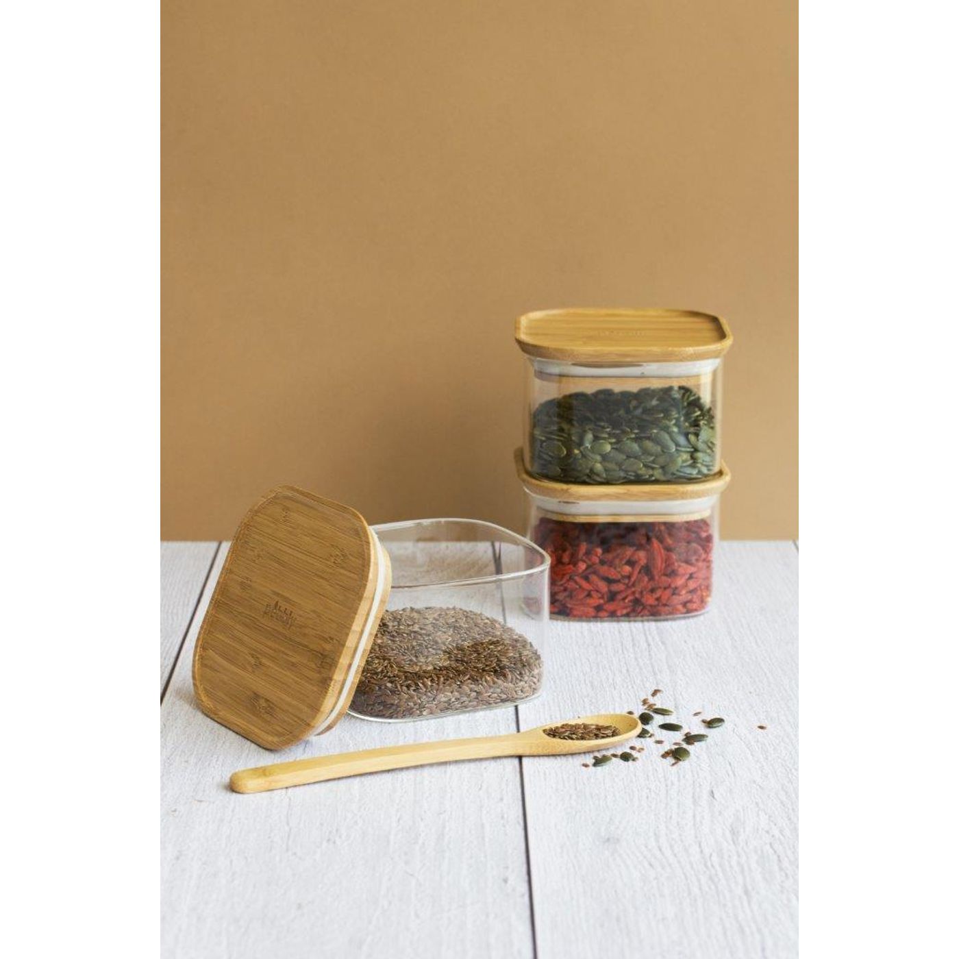 Boite en verre carré avec couvercle bambou 500ml x 3