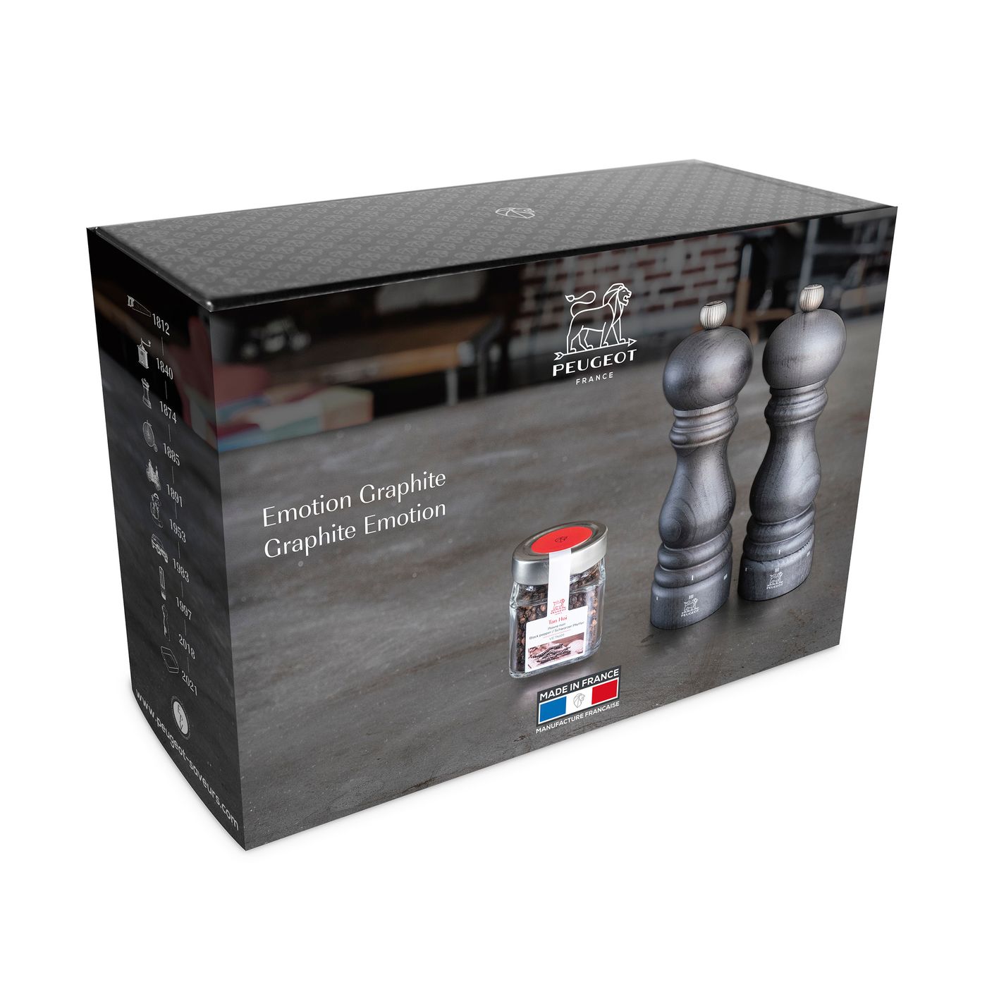 Coffret 2 moulins sel + poivre Paris Graphite + tube de poivre