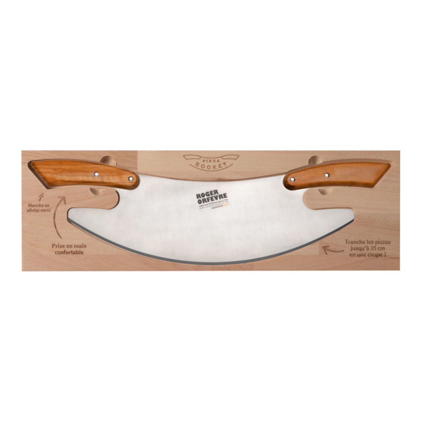 Tranche pizza rocket poignées en olivier 35cm de découpe