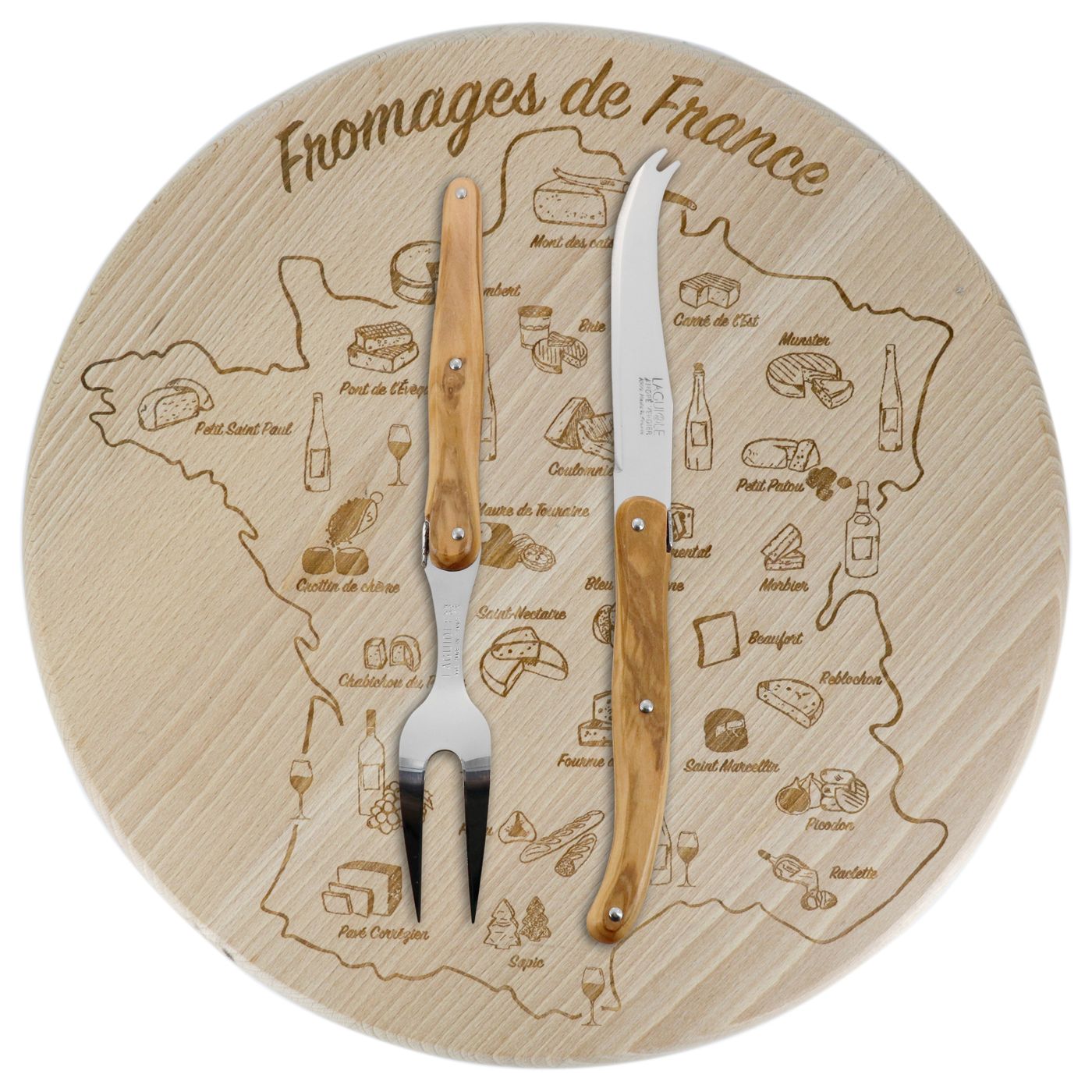 Plateau à fromage 2 couteaux Laguiole Olivier