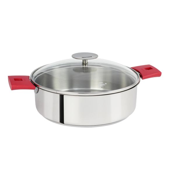 Set Sauteuse Mutine 28cm + deux anses framboise + couvercle en verre