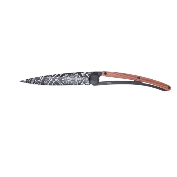 Couteau de poche tatoué corail lame noire polynésien