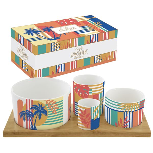 Set Apéritif 4 Coupelles Carrées En Porcelaine Avec Couvercle Bambou - Pour Condiments, Noix, Bonbons