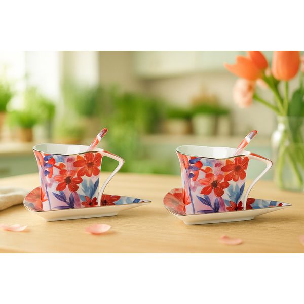 Coffret 2 tasses triangles 180 ml + sous tasse + cuillères Aquarella