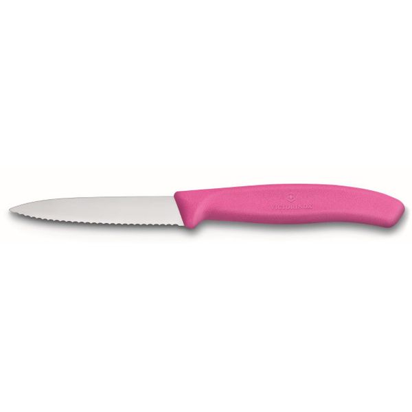Couteau d'office lame dentelée 8 cm rose